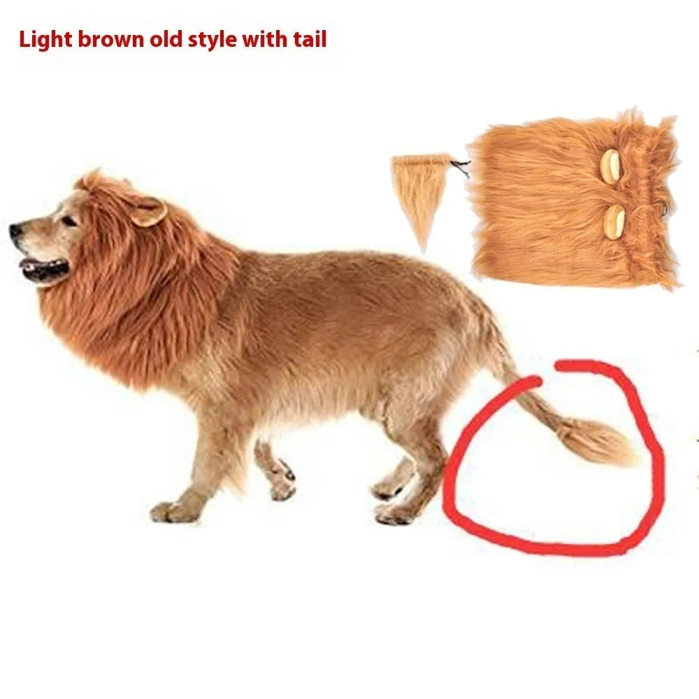 Dog wearing lion head costume wig in light brown colour with elastic neckband