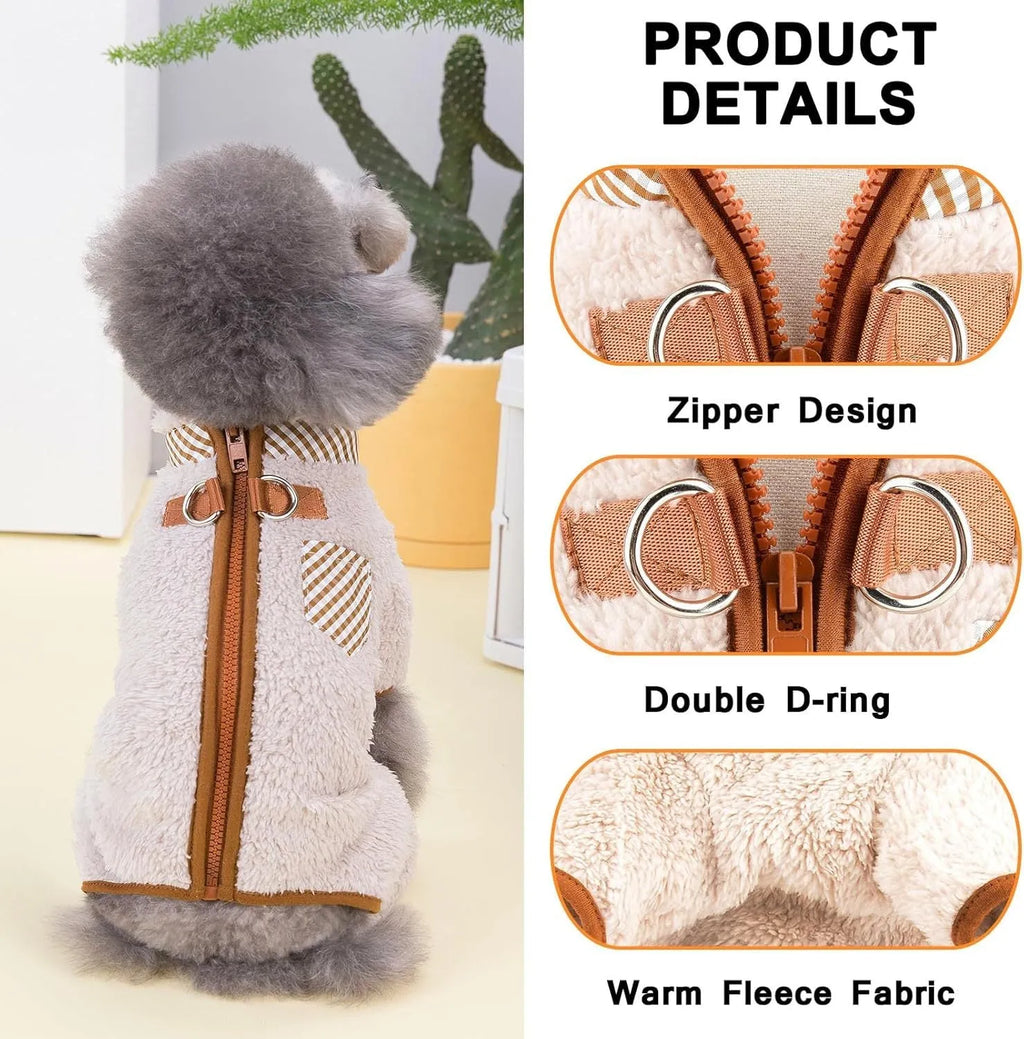 Plush fleece four-leg dog jumpsuit coat with back zipper for small breed winter warmth
