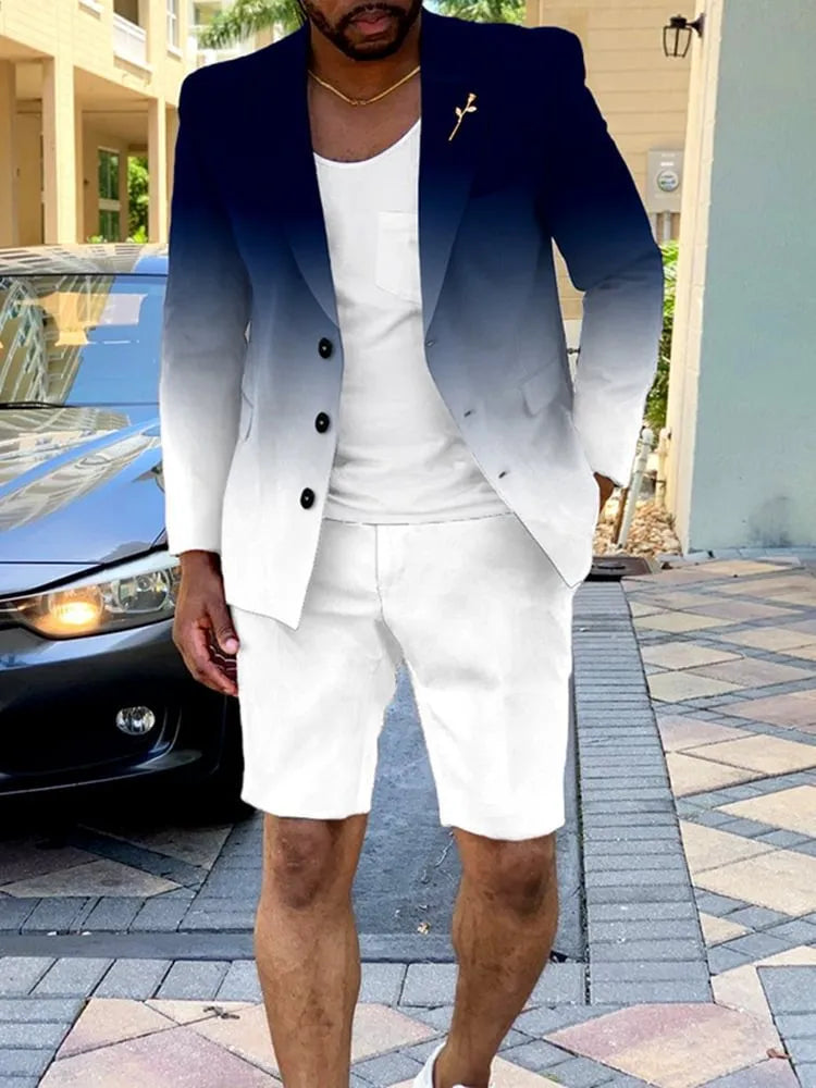 Men's slim fit gradient colour suit set with jacket and shorts, available in black, navy blue, pink, white, yellow, dark pink