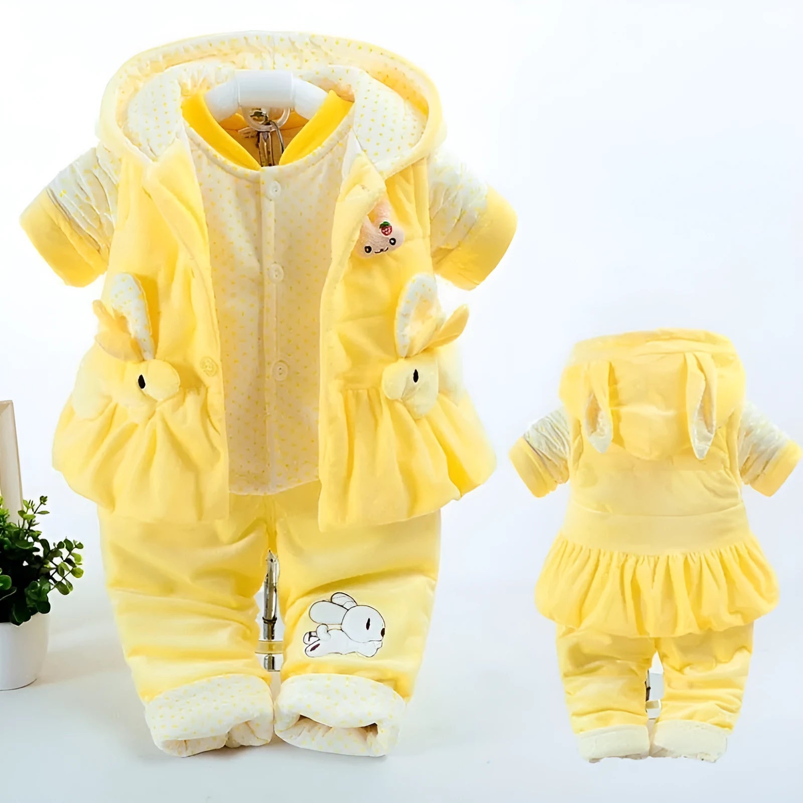 Baby girl pink autumn winter three-piece clothing set with jacket, vest, and pants in flannel cotton fabric