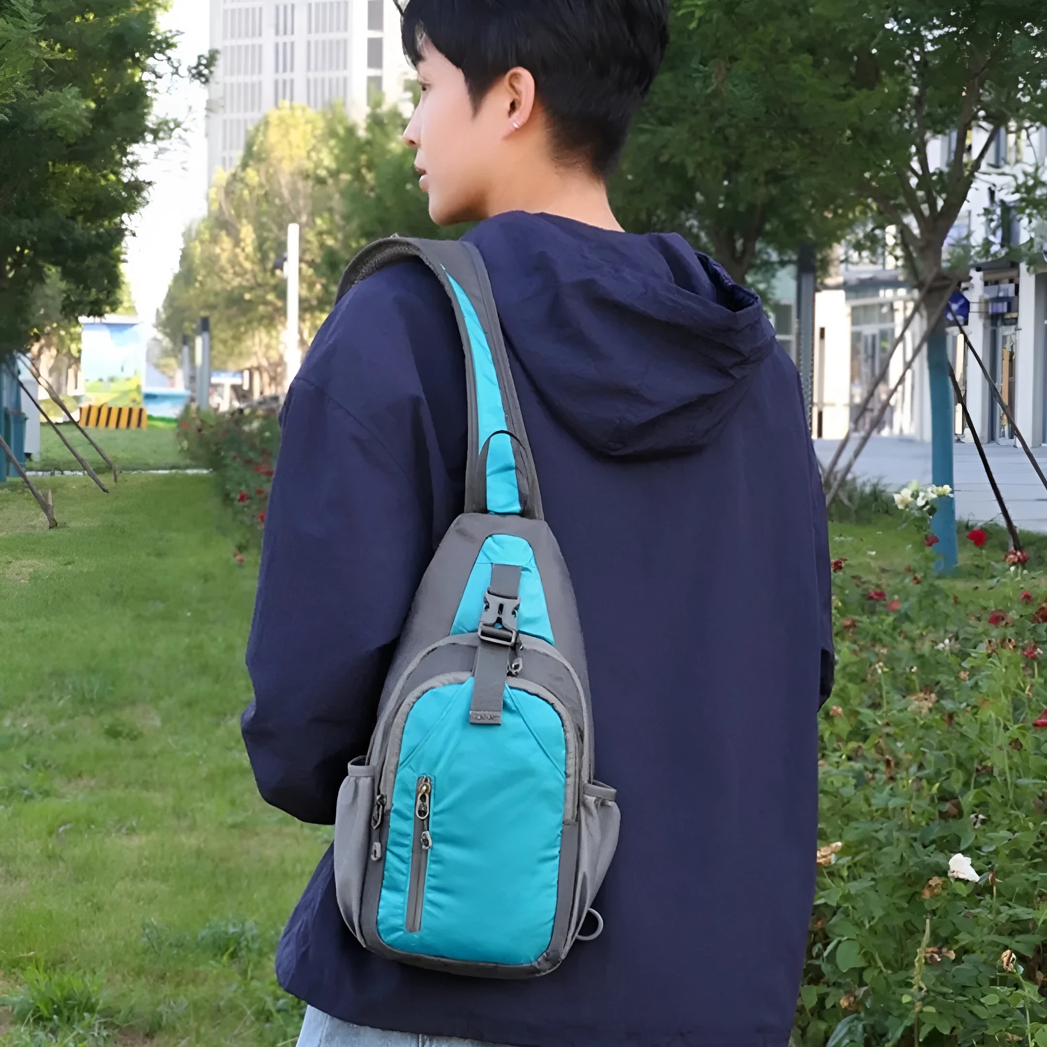 Nylon canvas chest bag in Army Green with contrast colour detailing and crossbody strap