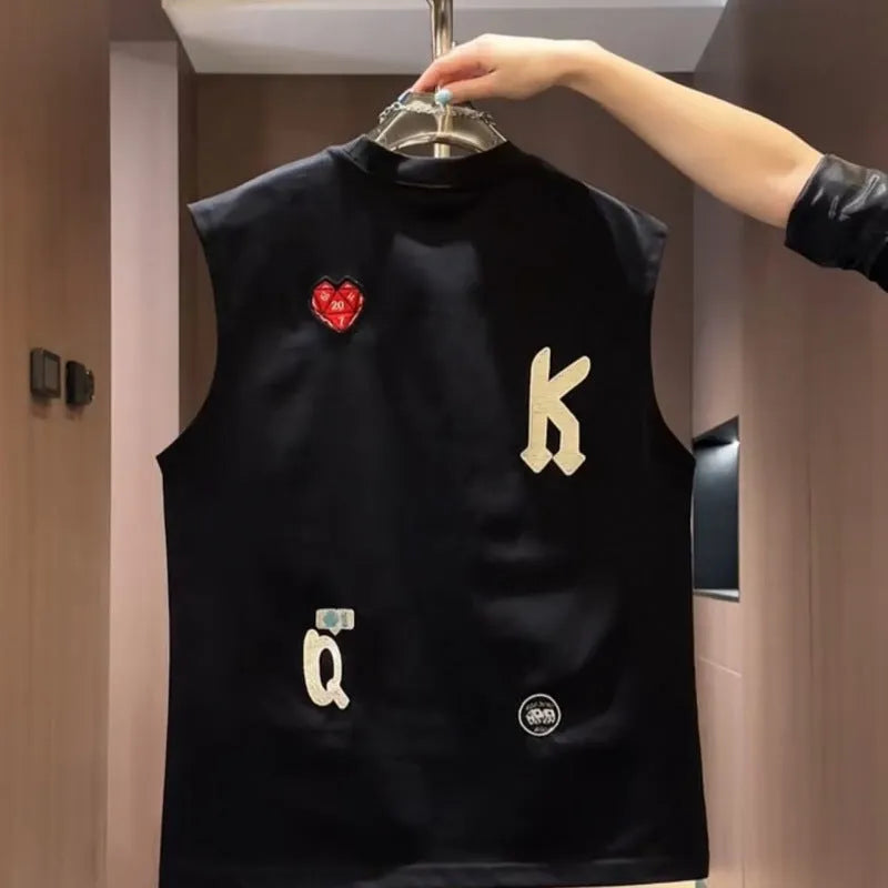Men's loose-fit cotton sleeveless vest with a cartoon print, shown in black.