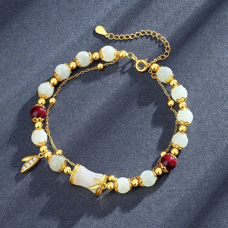 Retro bamboo bracelet with Ruyi pattern and flower design in electroplated glass