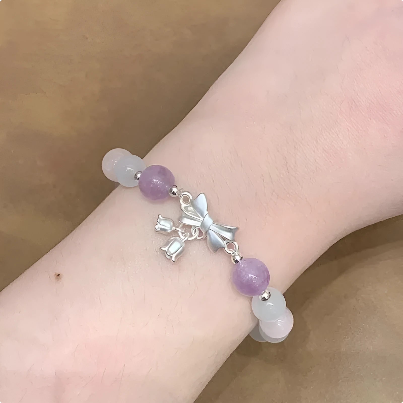 Lavender purple bowknot two-shihuan opal bracelet with 10mm electroplated crystal beads