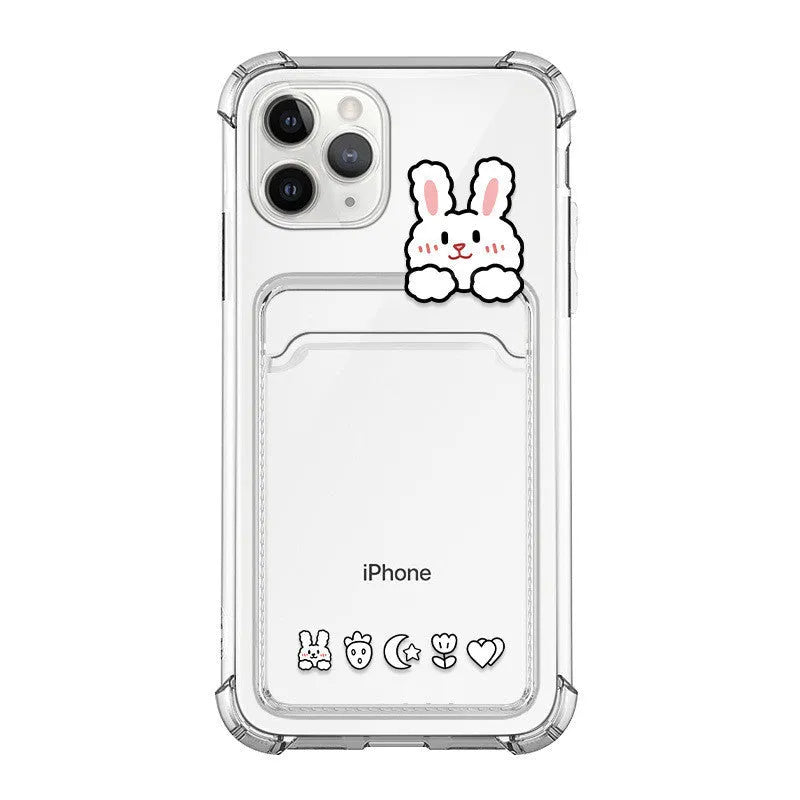 Transparent cartoon card holder phone case for Apple iPhone on a table.