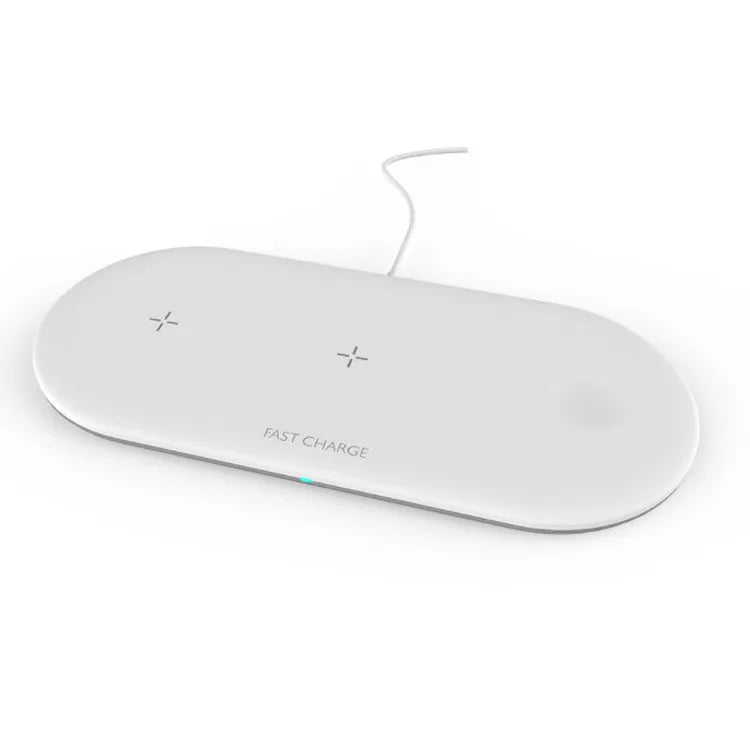 Three-in-one wireless charging station for Apple iPhone, Watch and AirPods on desktop