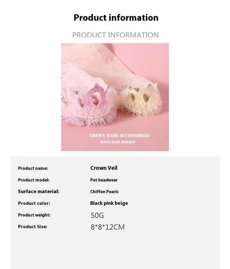 Princess crown headdress for cats on a beige or pink cotton polyester veil