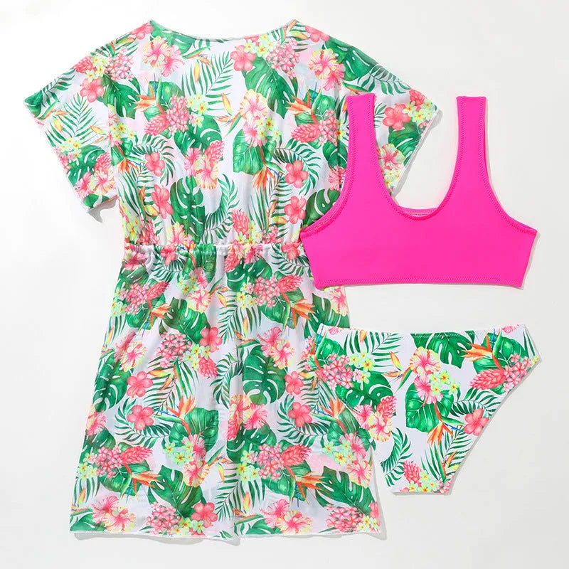 Girls' floral pattern two-piece polyester swimsuit for swimming ages 3-12 years