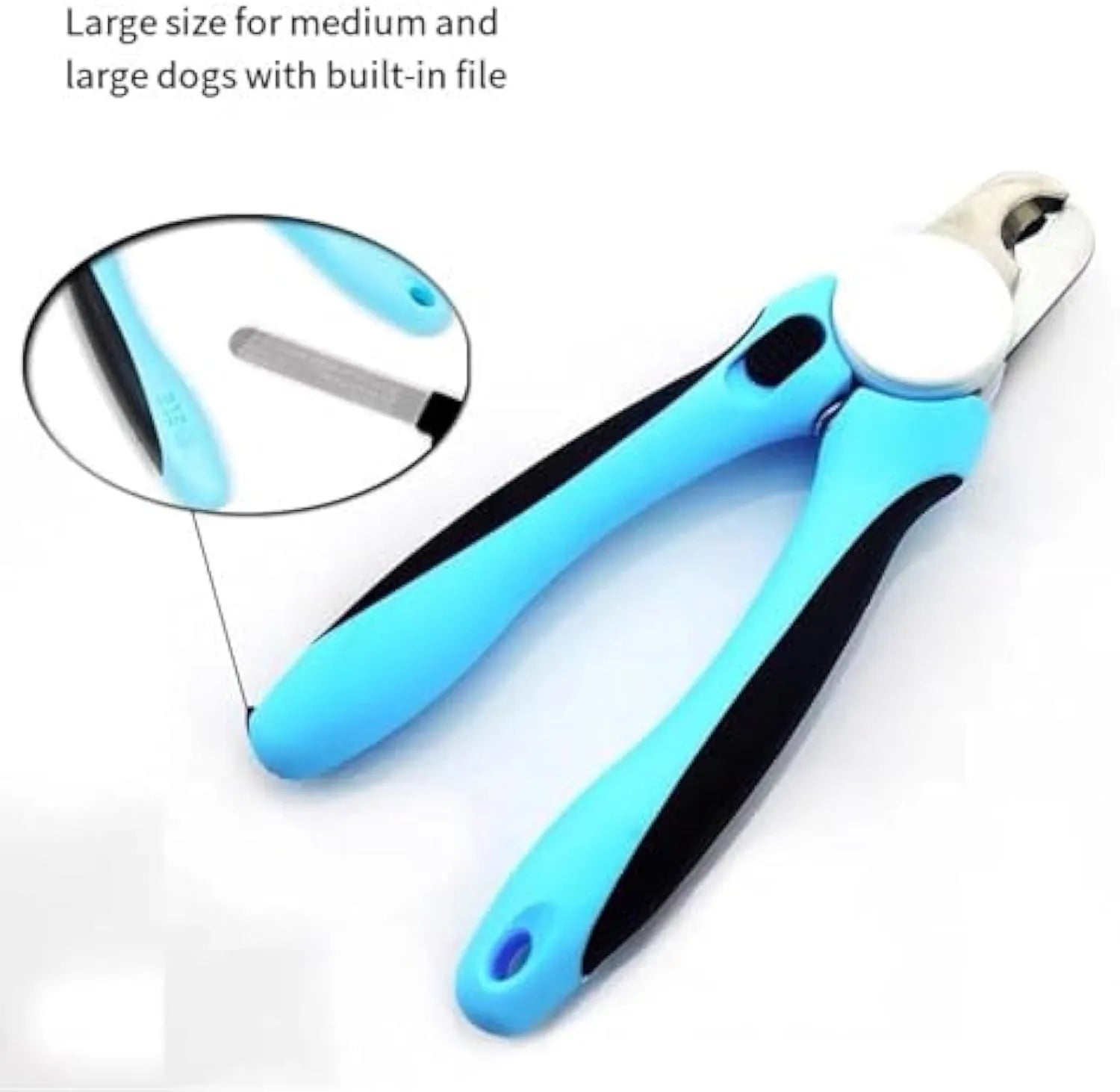 Blue heavy duty dog nail clippers with safety guard for large breed thick nails on a white background.
