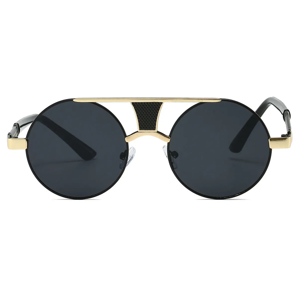 Men's double beam round frame HD sunglasses black frame black lens classic style