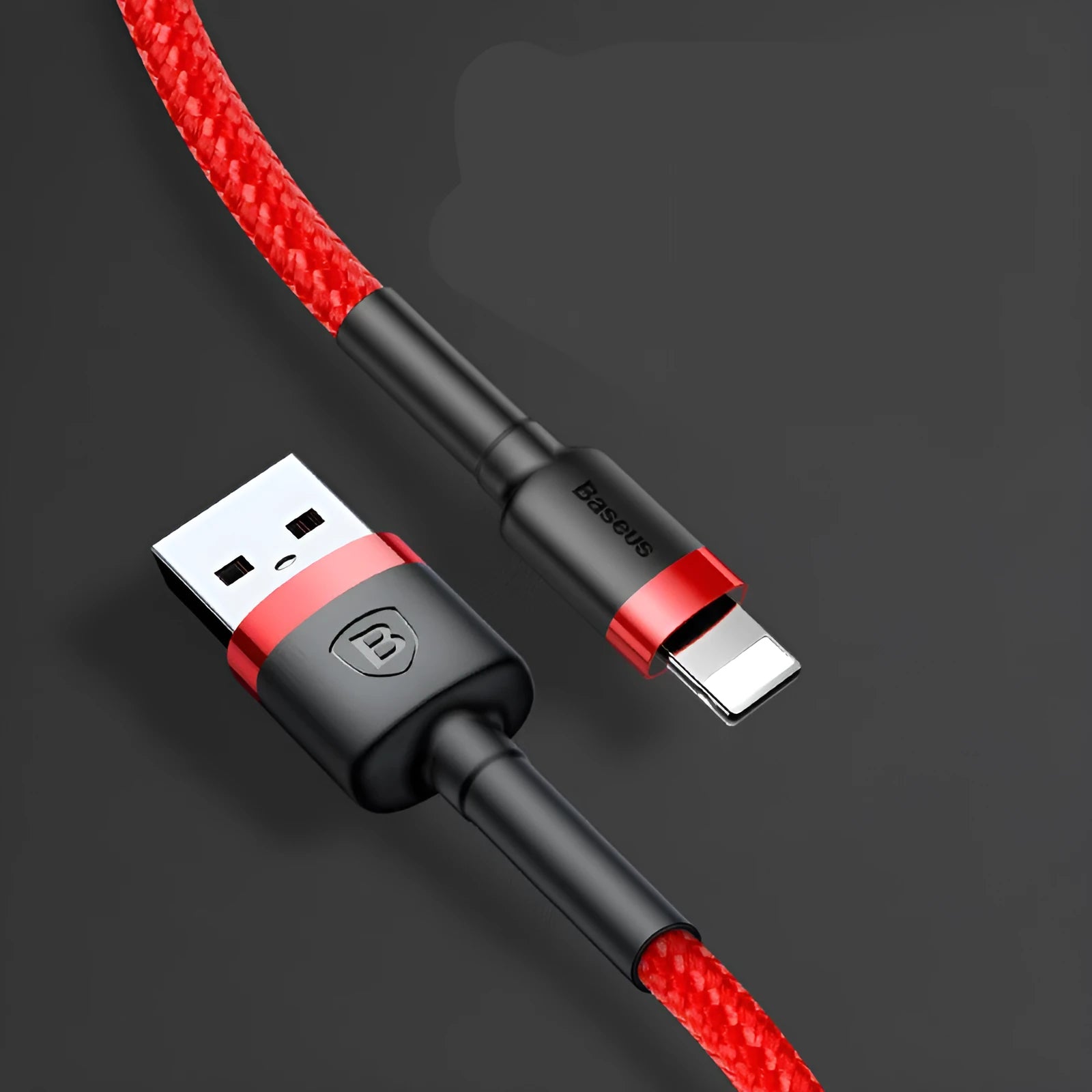 Red and black USB-C to Lightning charging cable for Apple devices with 1 metre length and fast charging capability