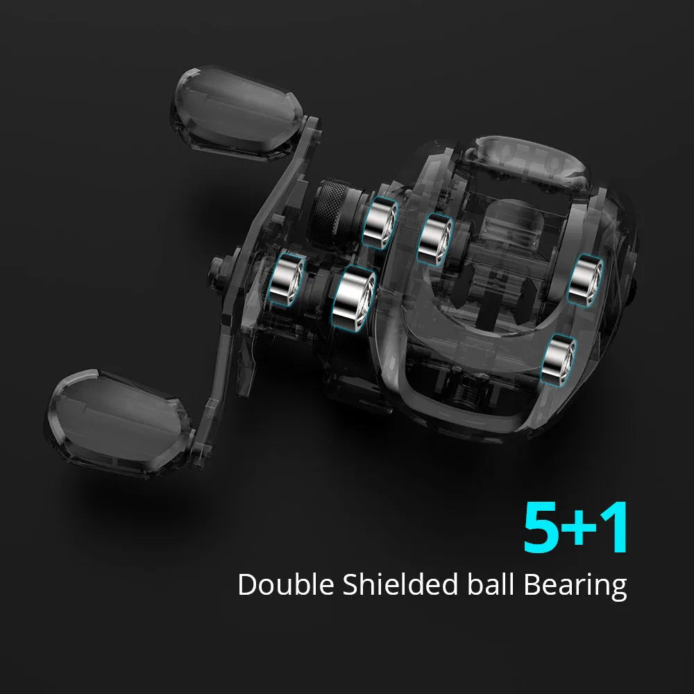 Fishing reel with drip wheel and rocking wheel mechanism showing left and right-handed operation options