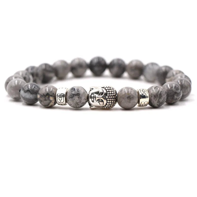 Natural stone stretch bracelet with a carved Tigereye Buddha head bead and 8mm round beads.