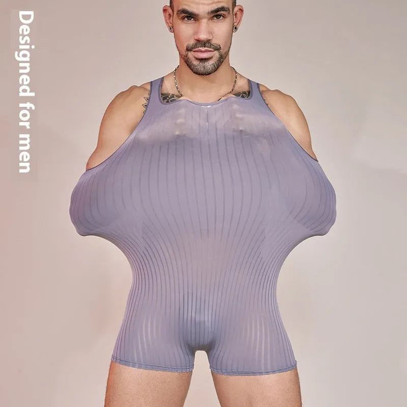 Men's striped nylon jumpsuit in free size with vertical bar pattern