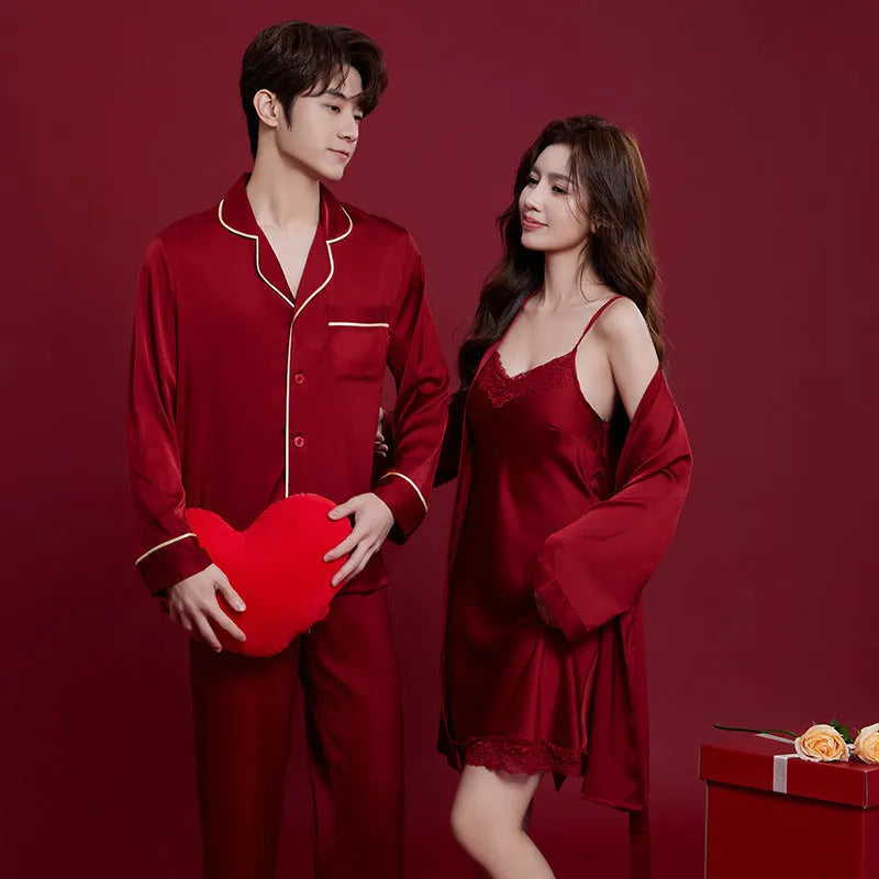 Red long sleeve polyester sleepwear set for a man and woman, presented as a wedding dowry gift.