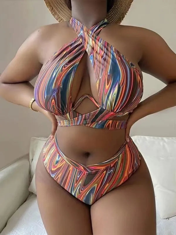Women's plus size high-waist floral bikini swimsuit in picture colour