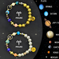 Set of twelve natural stone beaded bracelets for each zodiac sign on a flat surface.