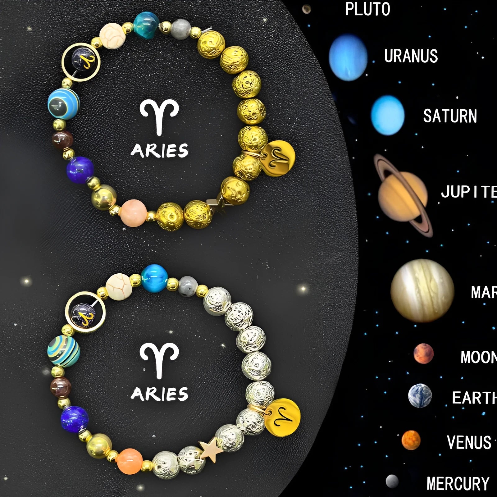 Set of twelve natural stone beaded bracelets for each zodiac sign on a flat surface.