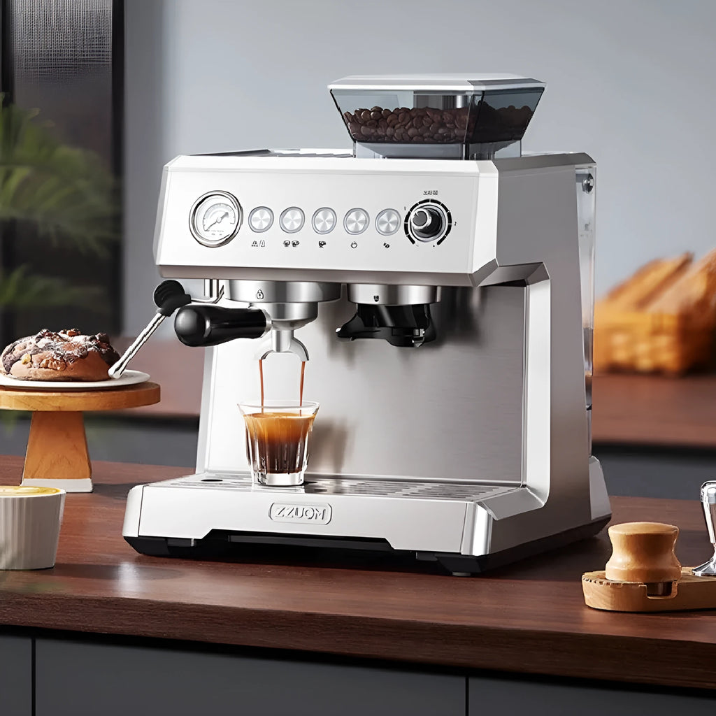 Italian fully automatic coffee machine silver gray with 20Bar pump, 2L water tank, and steam pitcher on countertop
