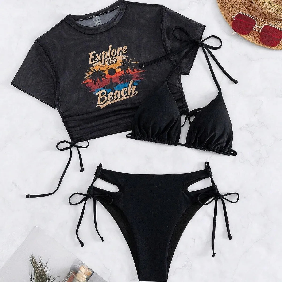 Women's three-piece bikini swimsuit set with short sleeved top in multiple colour options