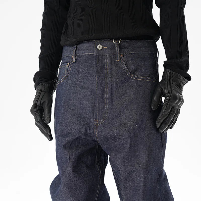 Men's dark blue loose straight leg jeans with original cattle wash on denim fabric