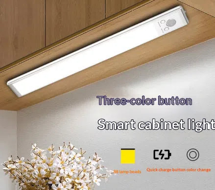 White plastic LED induction cabinet light with sensor, 24cm, rechargeable battery, no-drilling mount