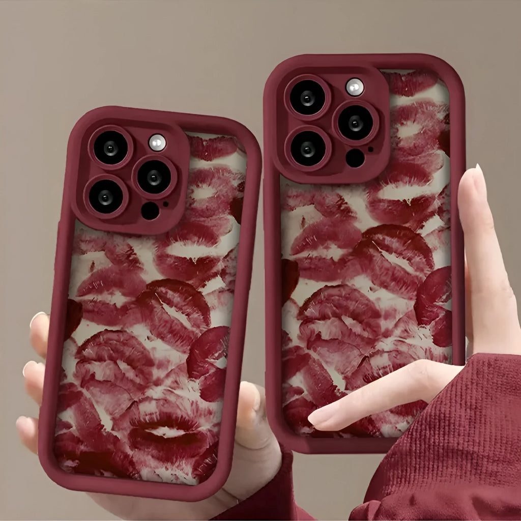 Red lip print TPU phone case for Apple iPhone, wine red, all-inclusive drop-resistant cover