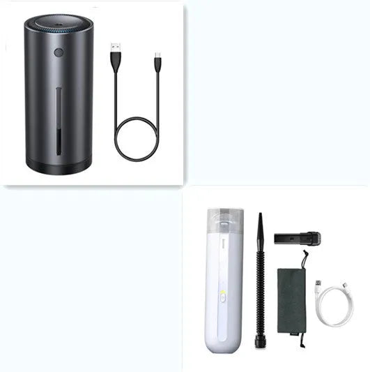 Baseus handheld cordless car vacuum cleaner with blowing hose, shown in black next to its 60ml dust cup.