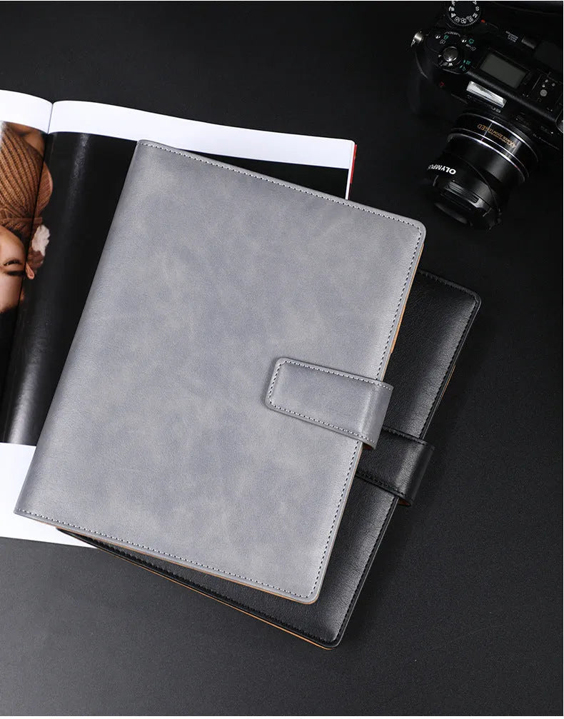 A5 leather buckle notebook with 6-hole clip in multiple colours showing hard cover and closure