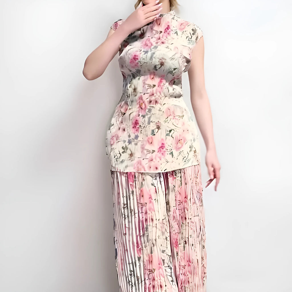 Long sleeve printed chiffon dress set showing separate high-waisted skirt and top.