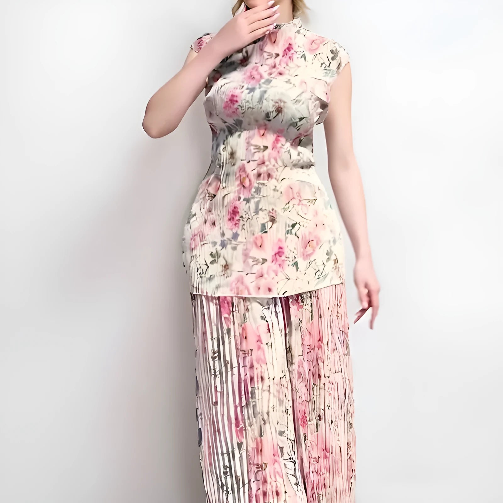 Long sleeve printed chiffon dress set showing separate high-waisted skirt and top.