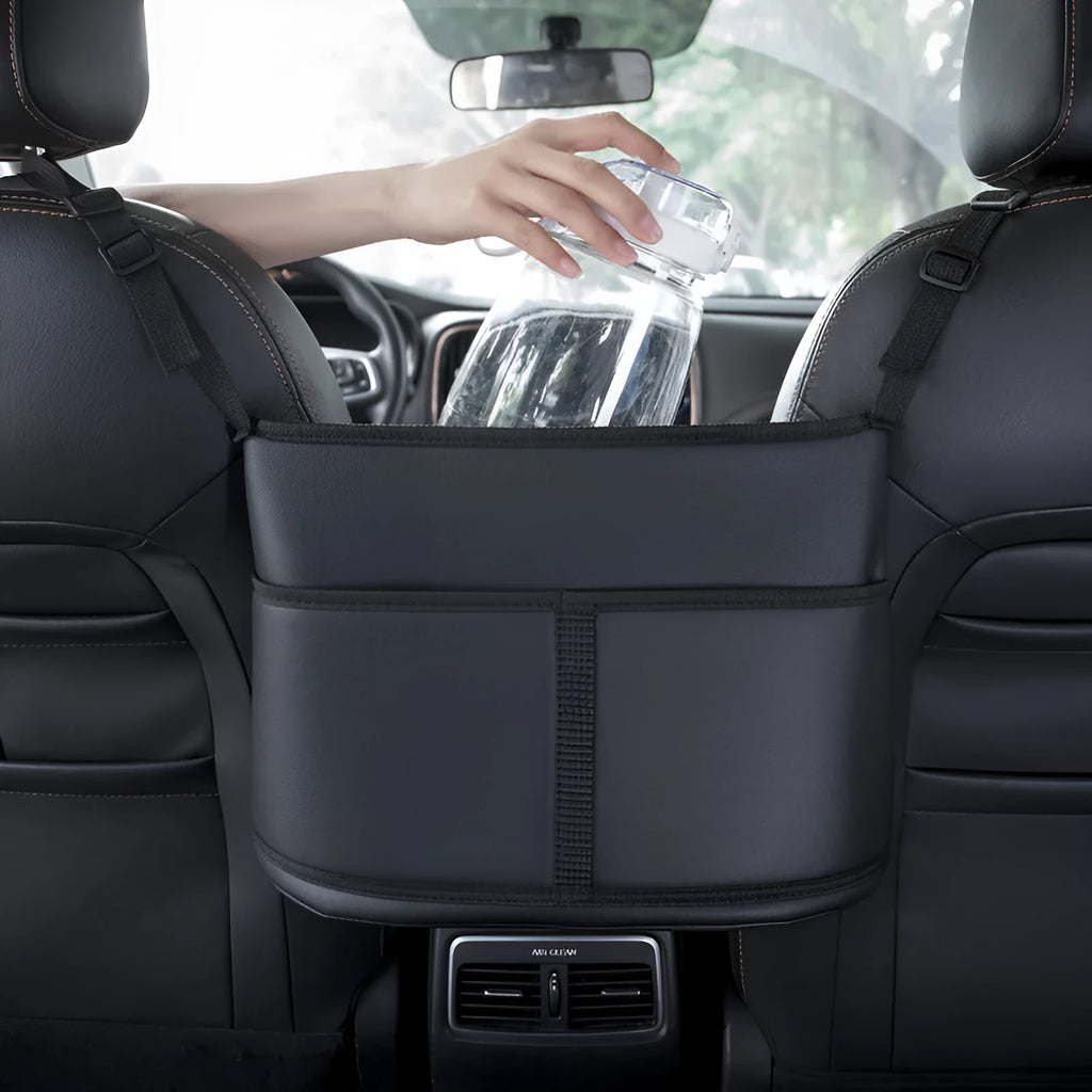 Black leather car seat storage bag with sports carbon fibre pattern for centre console organisation