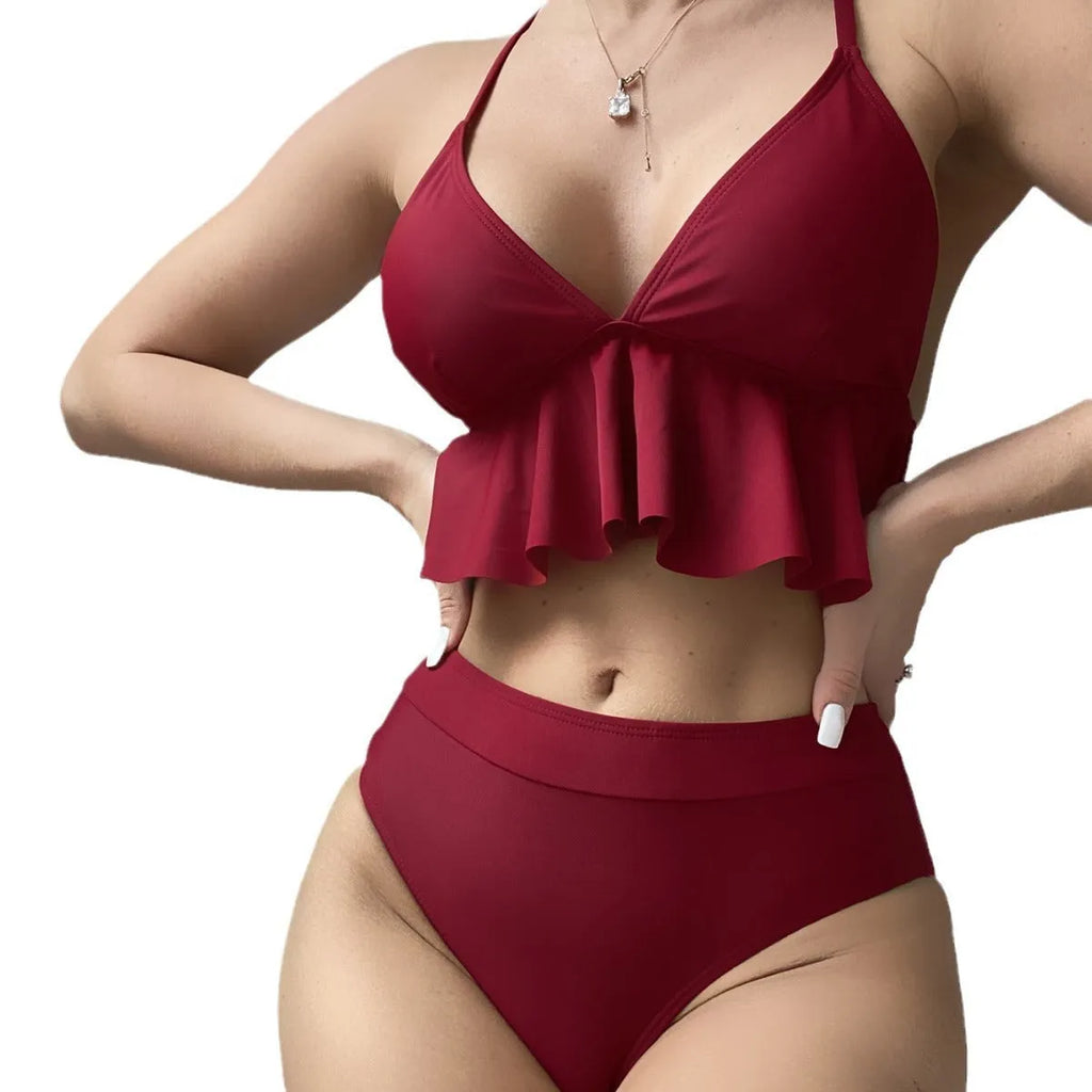 Women's solid colour split bikini swimsuit set with spandex lining.