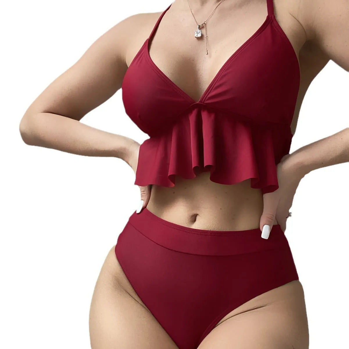 Women's solid colour split bikini swimsuit set with spandex lining.