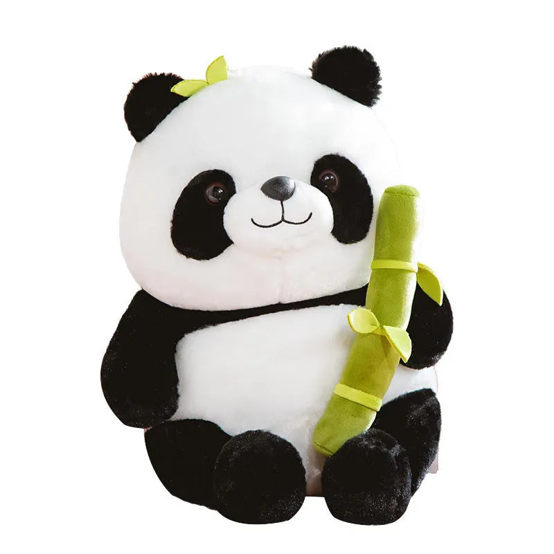 Panda plush doll holding bamboo shoots in bamboo tube design with PP cotton filling