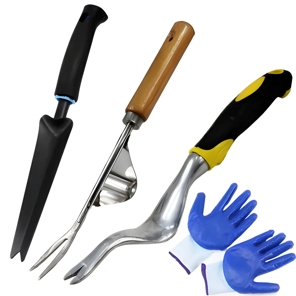 Set of three weeding tools with aluminum alloy heads and wooden handles in yellow and black colour