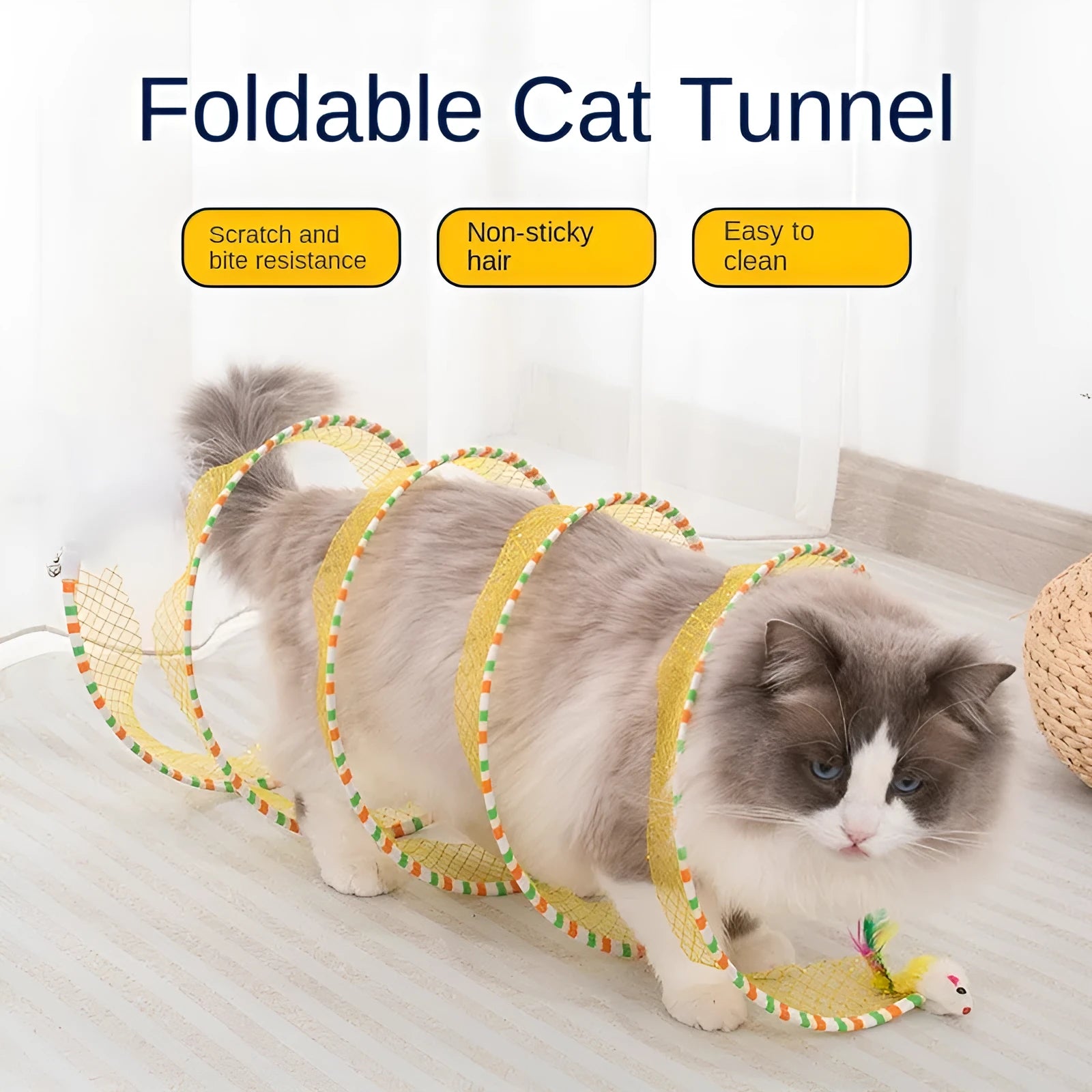 Blue and yellow cat toy set showing a long teasing stick with feather and a collapsible fabric tunnel.