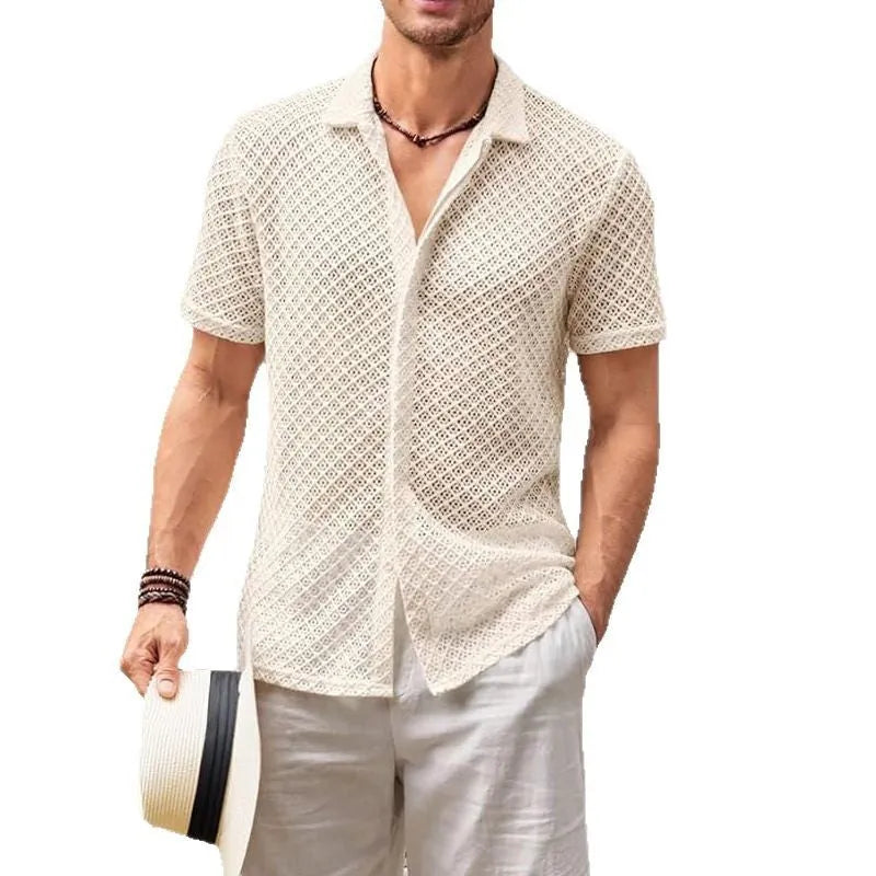 Men's solid colour short sleeve lapel cardigan shirt on a hanger
