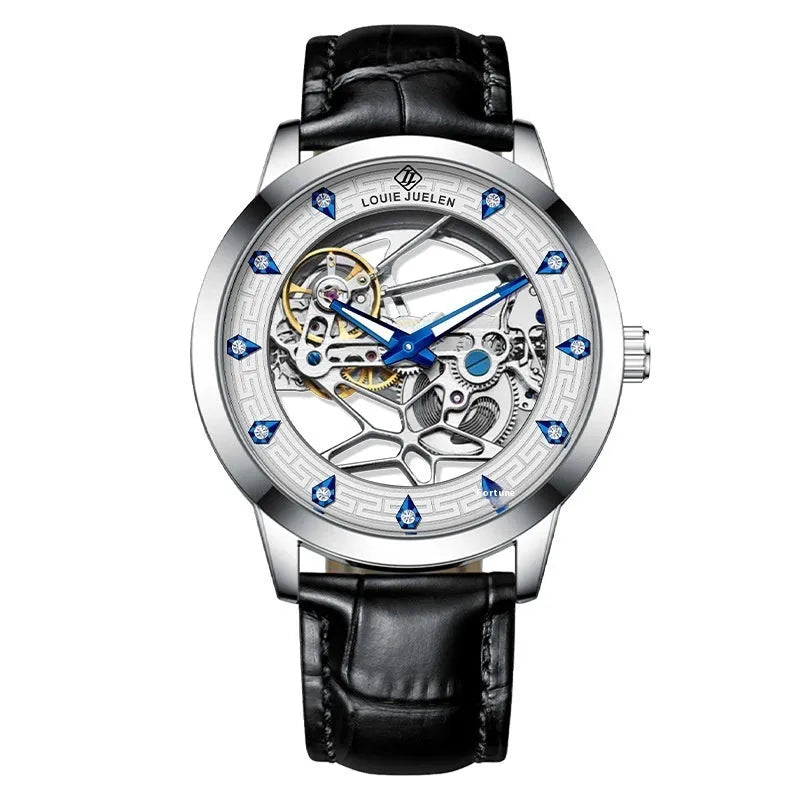 Men's silver waterproof mechanical watch with white dial, luminous blue hands, and black leather strap.
