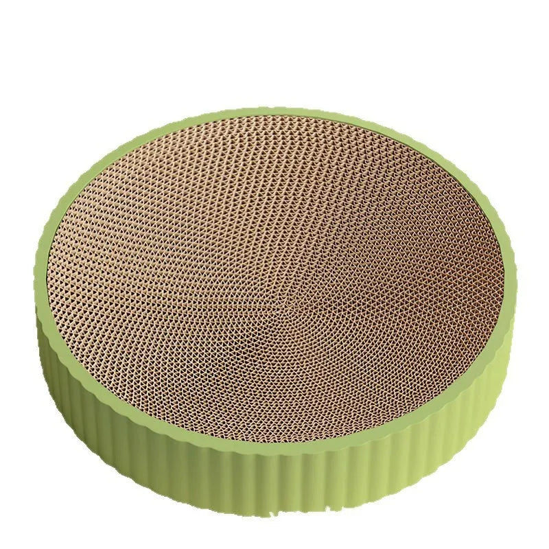 Round green cat scratching board nest with corrugated cardboard surface and two spare refills.