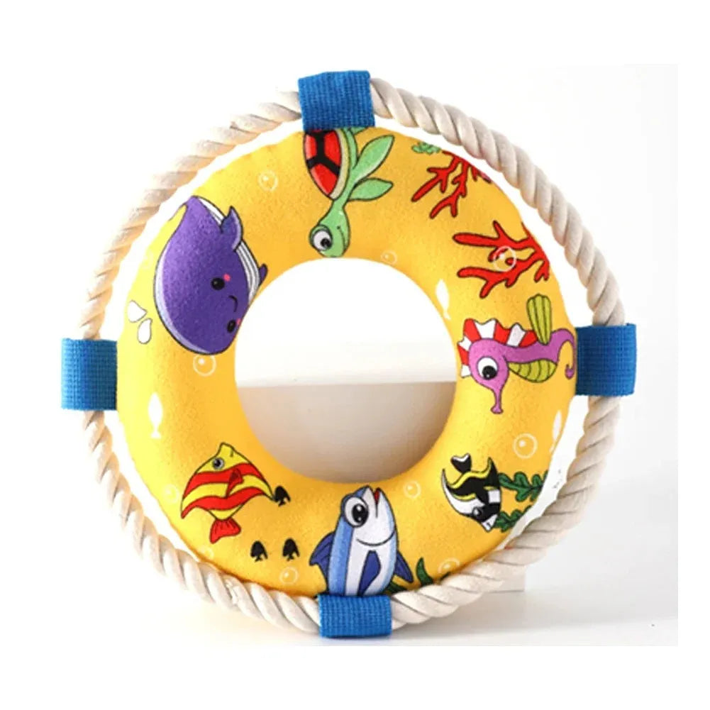 25cm diameter plush dog pull ring toy in yellow fish pattern with squeaker for fetch games
