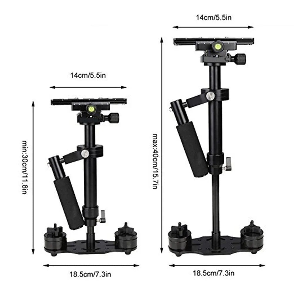 Black aluminium alloy handheld camera stabiliser with adjustable height, shown with a camera attached.