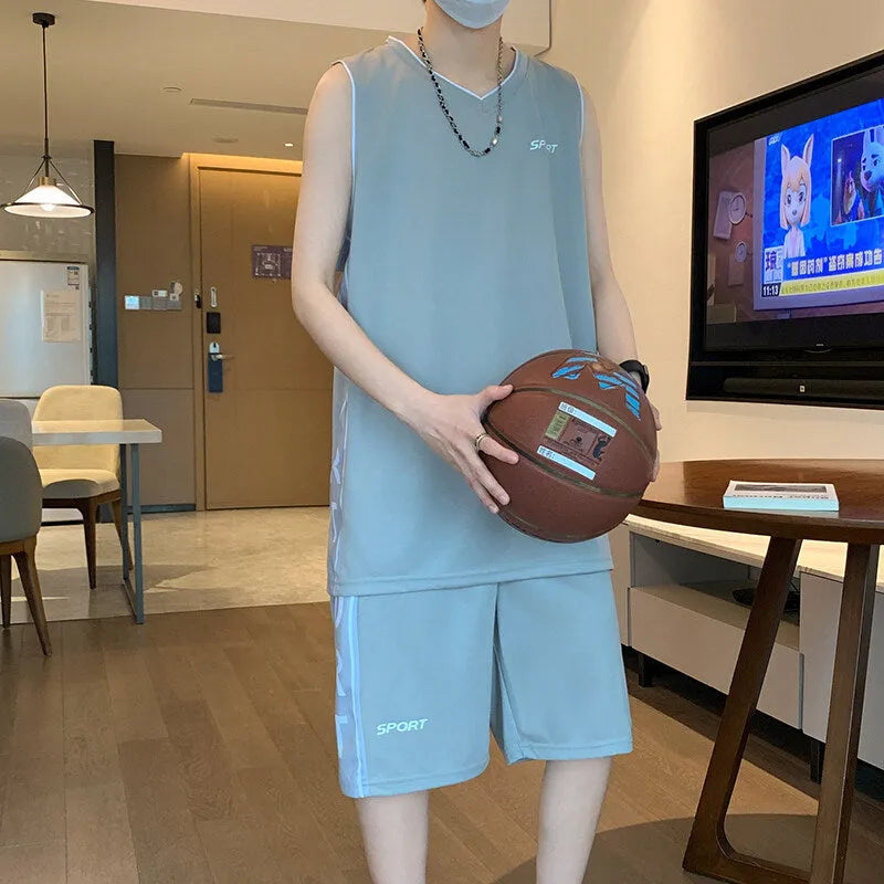Men's basketball sports suit set showing sleeveless vest and matching shorts in polyester fabric