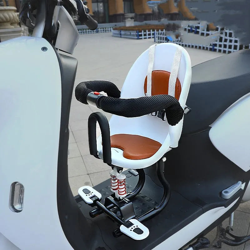 High carbon steel front safety seat for a child's battery scooter in black, red, or white