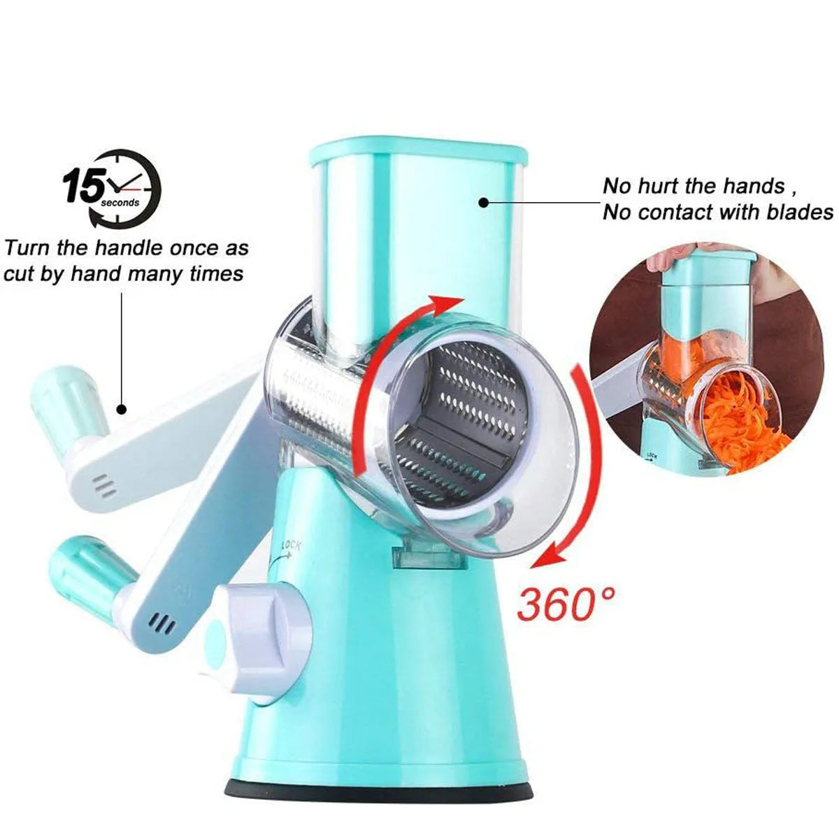 Blue manual mandoline vegetable slicer with stainless steel blade on a kitchen counter.