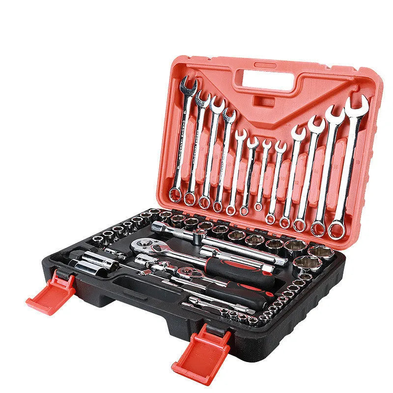 61-piece chrome vanadium steel auto repair socket and wrench set with metric tools laid out.