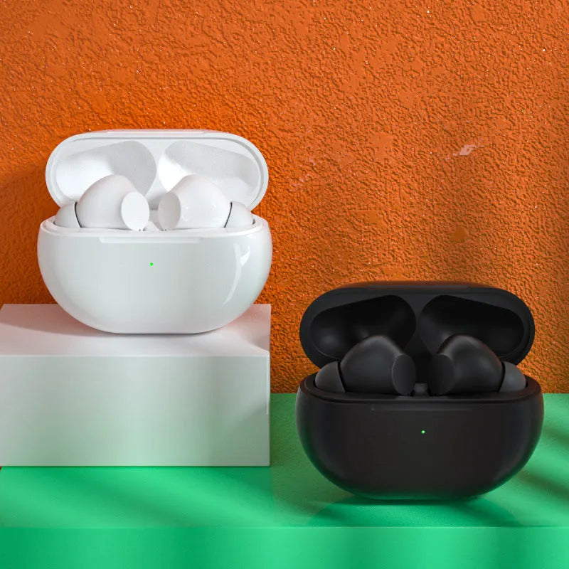 Pro4 black and white Bluetooth wireless earbuds with a compact rectangular charging case.