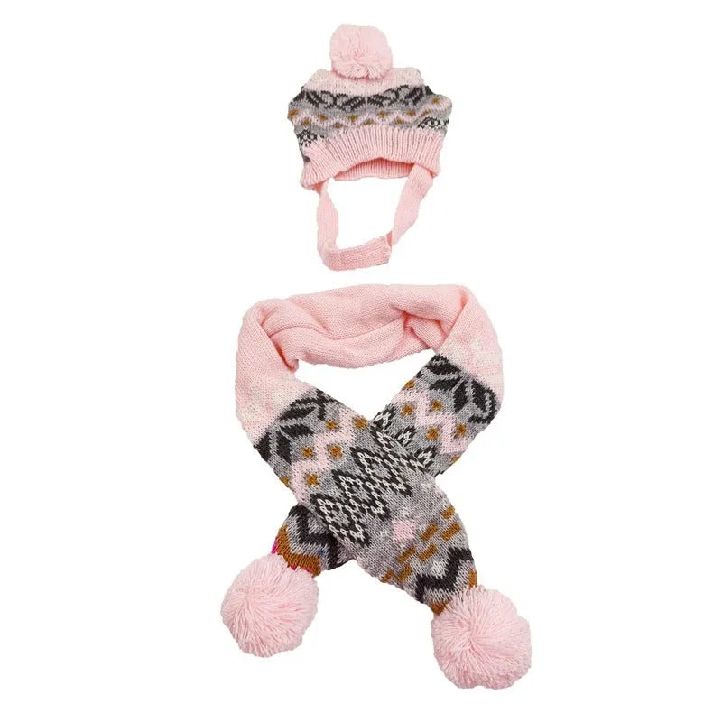 Grey and pink Japanese-style retro jacquard knitted dog jumper sets with matching hat and scarf.