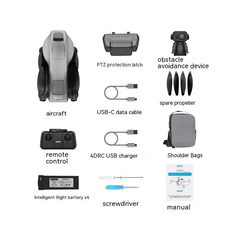 White folding quadcopter drone with brushless motors, obstacle avoidance sensors, and 4K camera shown with remote control and shoulder bag