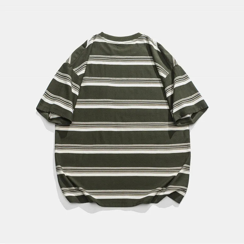 Casual loose striped round neck cotton short sleeve T-shirt in black front view